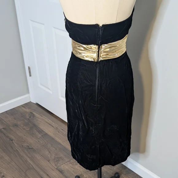 Positive Influence Vintage 80s 90s Strapless Black Velour Gold Dress Size 6